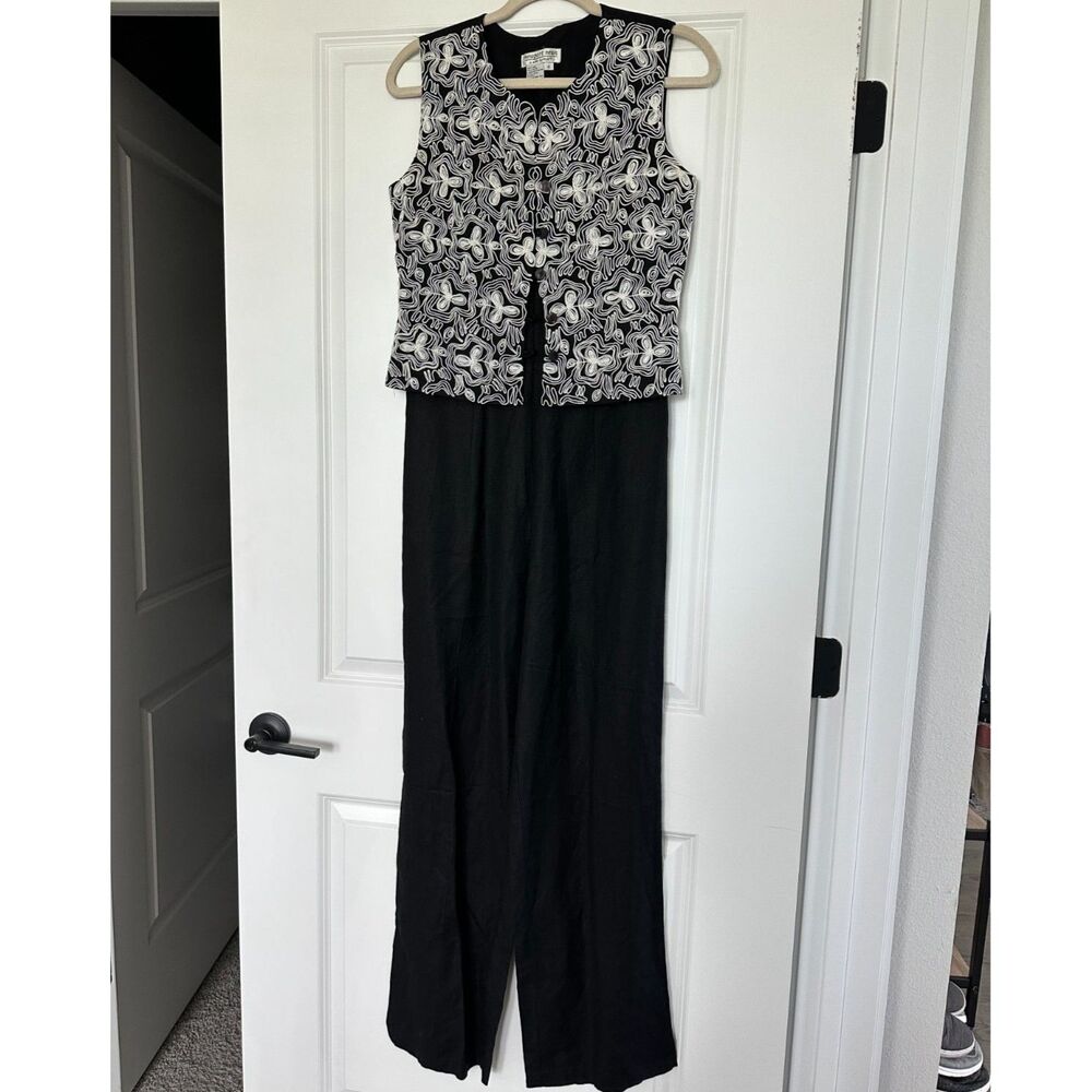 Newport News Vintage Linen Blend Jumpsuit Black White Size 6